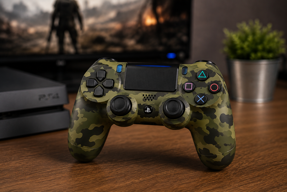دسته بازی PS4 ارتشی سبز روی میز گیمینگ با طراحی نظامی و فضای واقعی با